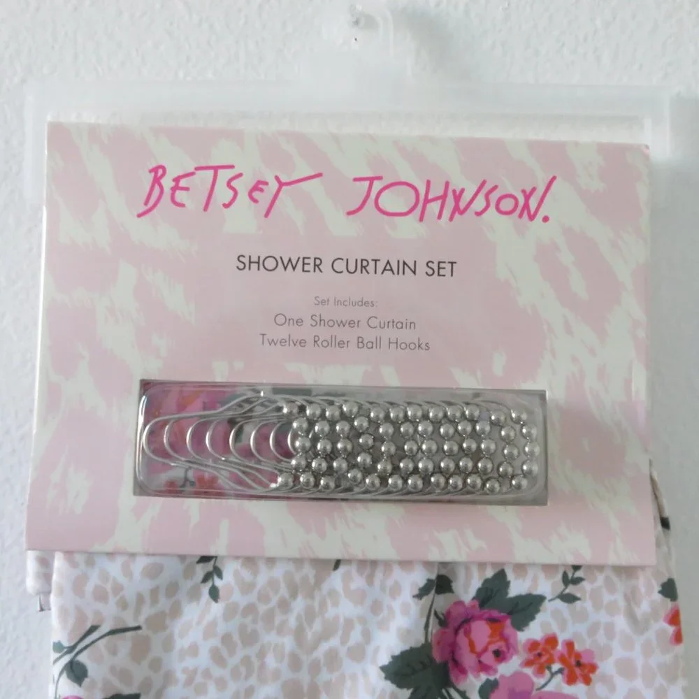 (#A) Betsey Johnson Floral  Leopard Shower Curtain and 12 Ball Hooks
